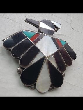 Zuni Thunderbird Inlay Coral Onyx Mother Pearl Silver Pendant Broach Vintage